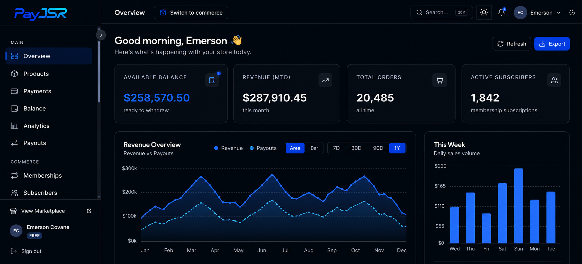 PayJSR commerce dashboard showing available balance, revenue, orders, active subscribers and a revenue overview chart